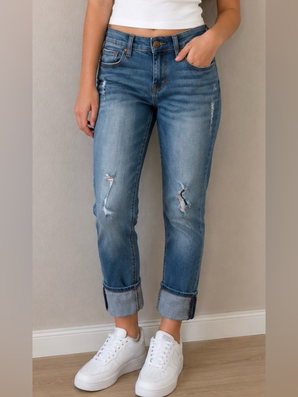 Hudson Jeans Girl Blue Distressed Cuffed Denim Roll Cuff Cropped Slim Skinny